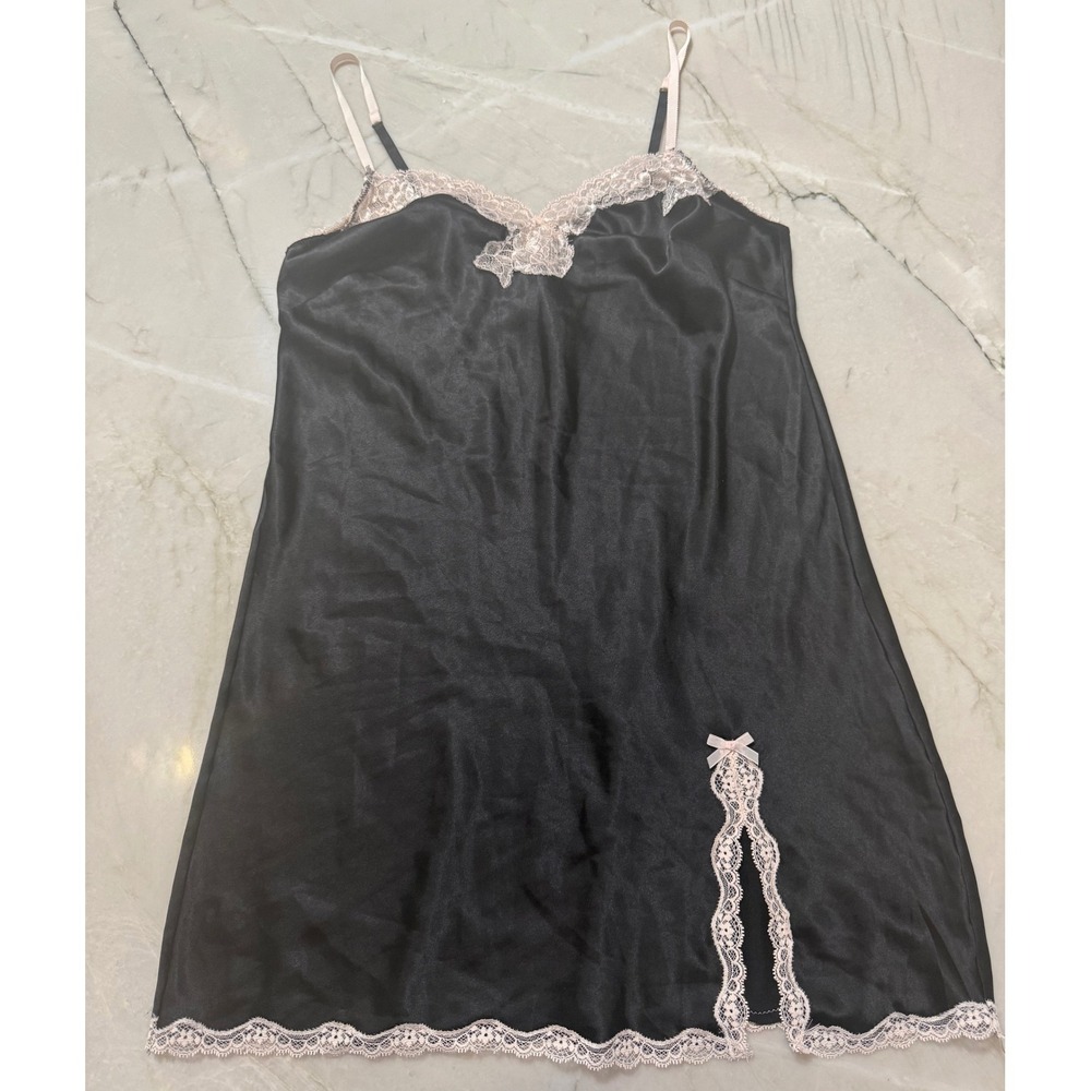 Victorias Secret Black Satin Lace Trim Slip Dress Pink Bow Chemise Nightie Sz M